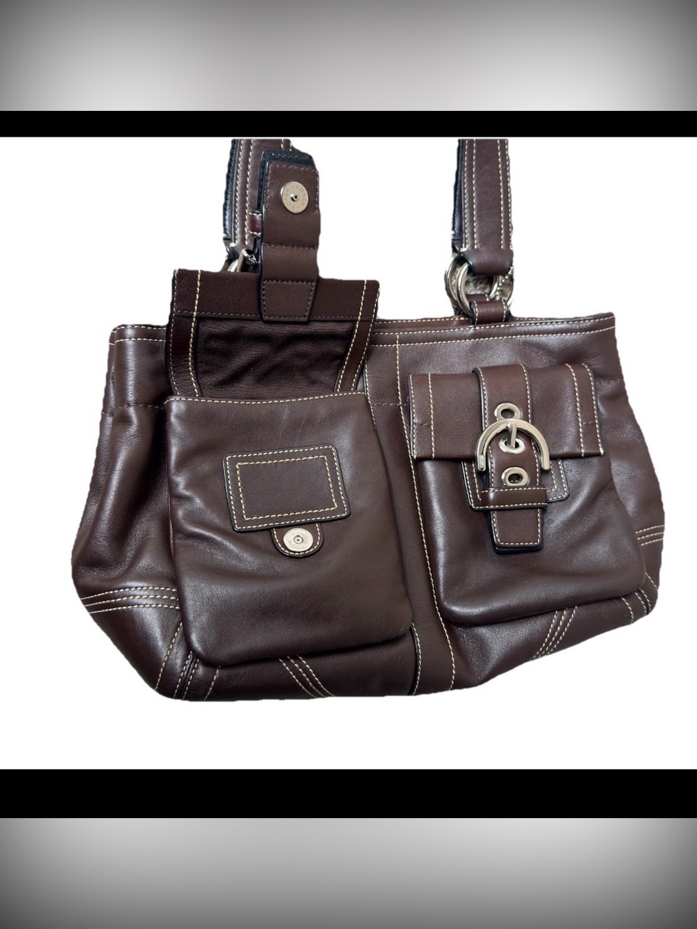 Vintage Coach Soho Brown Leather Double Buckle Pocket Shoulder Bag Y2K - Picture 6 of 12